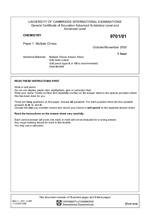 Chemistry 9701/01 Oct Nov 2005 | Cambridge AS Level Past Papers With Mark Scheme