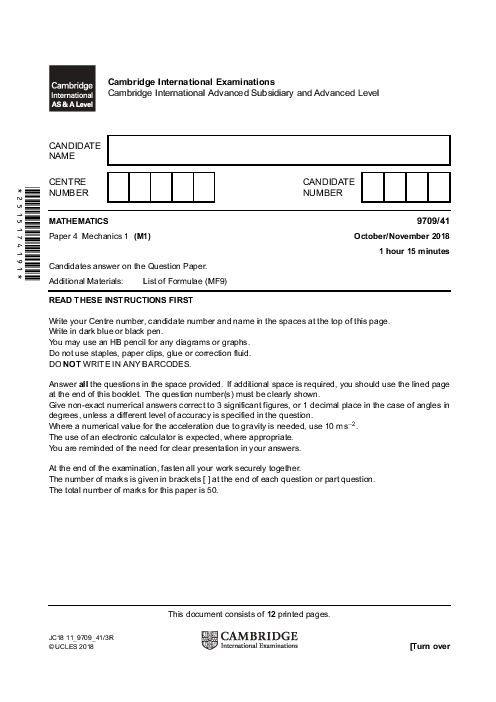 Mathematics 9709/41 Oct Nov 2018 | Cambridge AS & A Level Past Papers With Mark Scheme