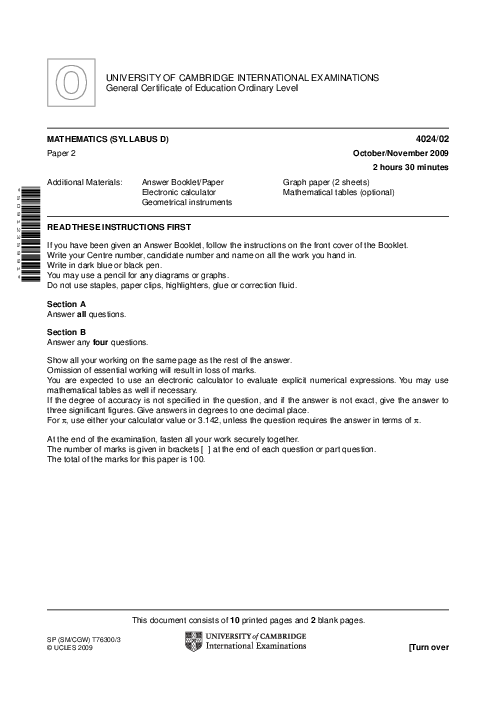 Mathematics Syllabus D 4024/02 Oct Nov 2009