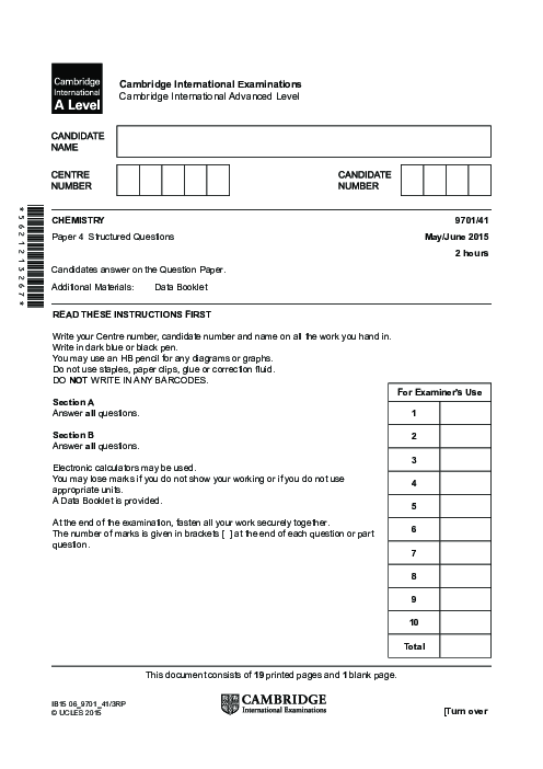 Chemistry 9701/34 May June 2015 | Cambridge AS Level Past Papers With Mark Scheme