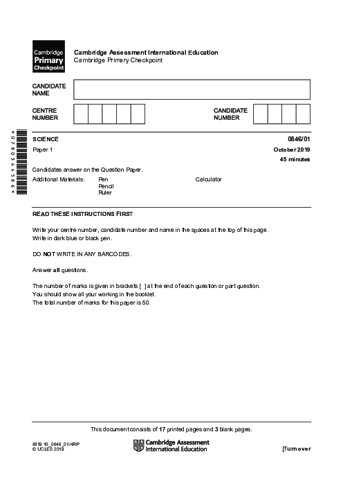 SCIENCE 0846,01 October 2019 | Cambridge Primary Checkpoint Past Papers with Mark Schemes