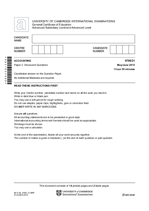 Paper 1, Variant 1, May June 2013 | Cambridge AS and A Level Accounting (9706) Past Papers