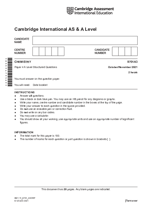 Chemistry 9701/43 Oct Nov 2021 | Cambridge AS Level Past Papers With Mark Scheme