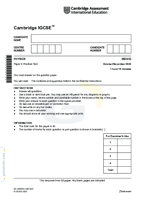 Physics 0625/53 Oct Nov 2023