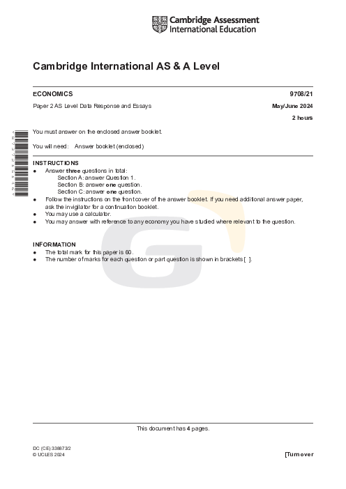 Economics 9708/21 May June 2024 | Cambridge AS Level Past Papers With Mark Scheme