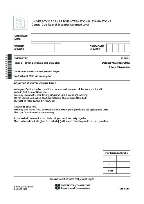 Chemistry 9701/51 Oct Nov 2012 | Cambridge AS Level Past Papers With Mark Scheme