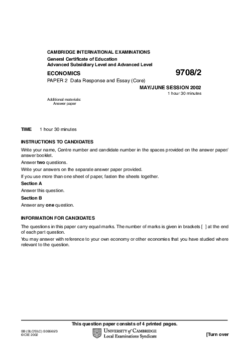 Paper 2, Oct Nov 2001 | Cambridge AS - A Level Economics (9708) Past Papers