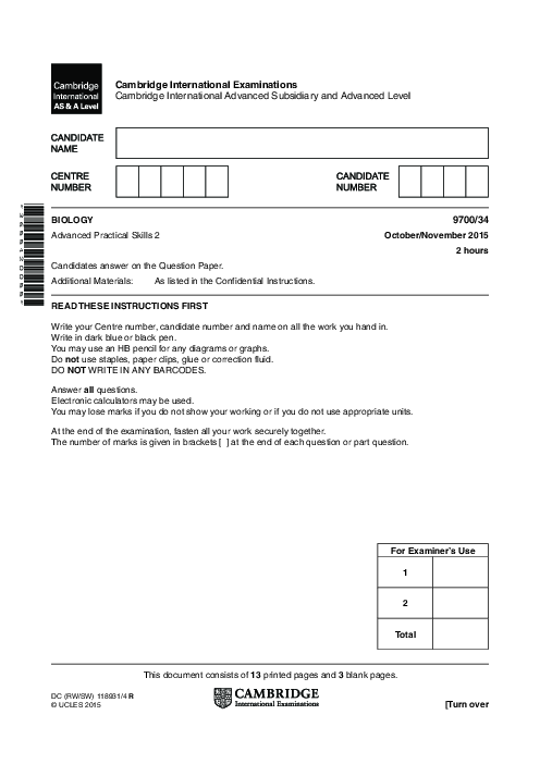 Biology 9700/22 Oct Nov 2015 | Cambridge AS Level Past Papers With Mark Scheme