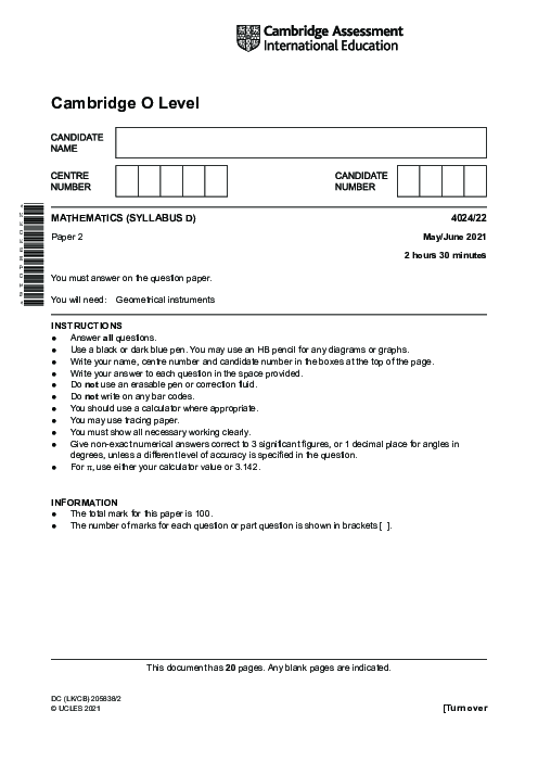 Mathematics Syllabus D 4024/21 May June 2021