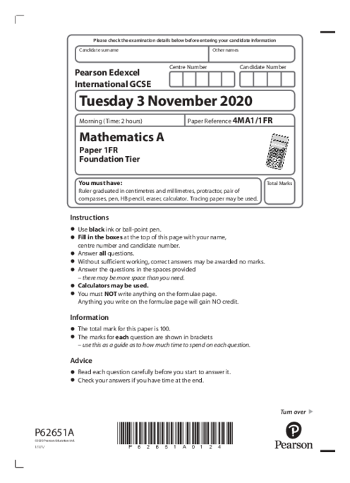 Mathematics (A) 4MA1/1FR November 2020 | Edexcel IGCSE Past Papers With Mark Scheme