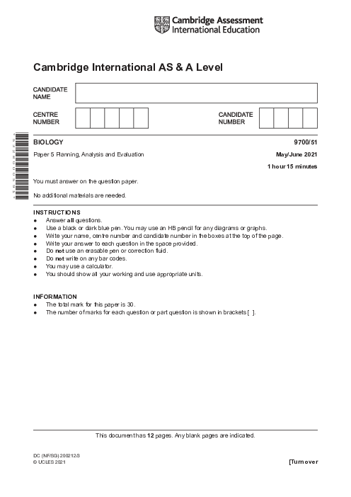 Paper 5, Variant 1, May June 2021 | Cambridge AS - A Level Biology (9700) Past Papers