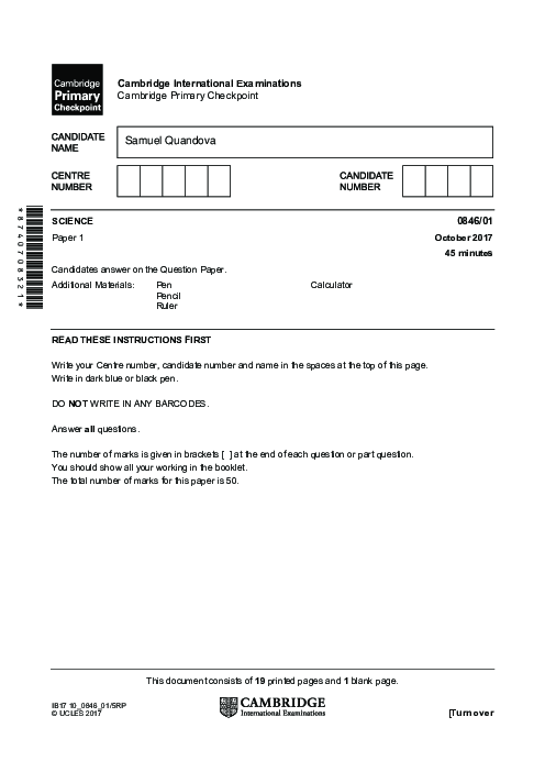 SCIENCE 0846,01 October 2017 | Cambridge Primary Checkpoint Past Papers with Mark Schemes
