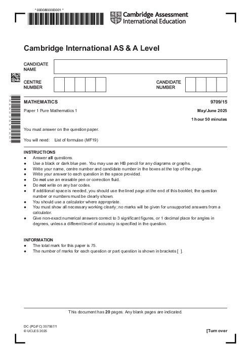 Mathematics 9709/15 May June 2025