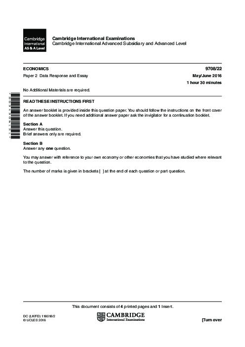 Economics 9708/22 May June 2016 | Cambridge AS Level Past Papers With Mark Scheme