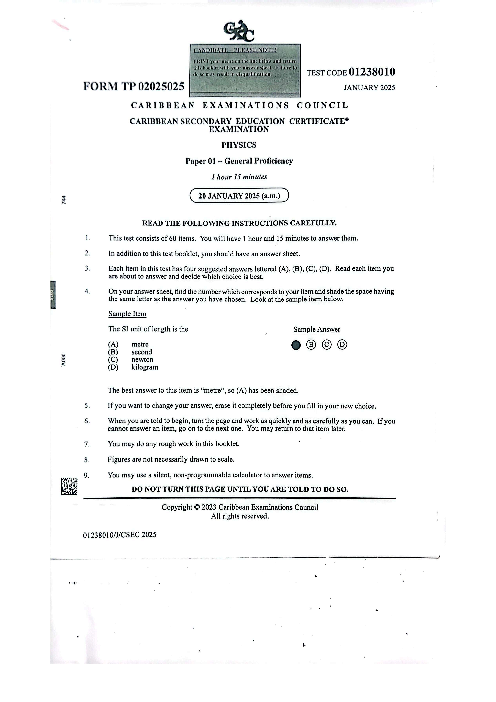 Physics January 2025 Paper 1