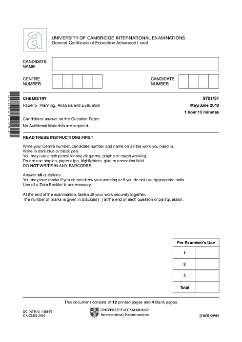 Chemistry 9701/51 May June 2010 | Cambridge AS Level Past Papers With Mark Scheme