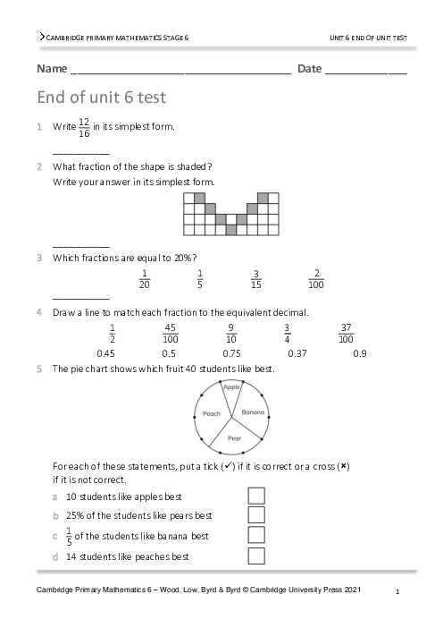Year 6 Mathematics End of Unit 6 Test - Answers Included