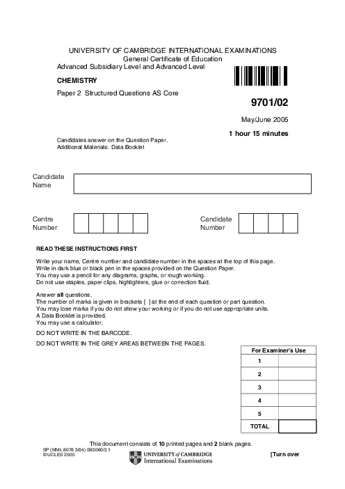 Chemistry 9701/01 May June 2005 | Cambridge AS Level Past Papers With Mark Scheme