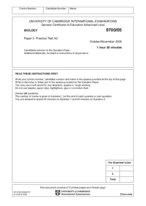 Paper 4, Oct Nov 2005 | Cambridge AS - A Level Biology (9700) Past Papers