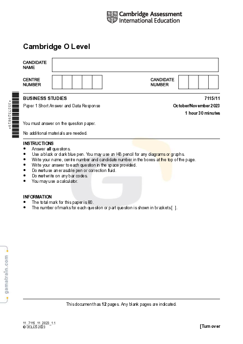 Business Studies 7115/11 Oct Nov 2023