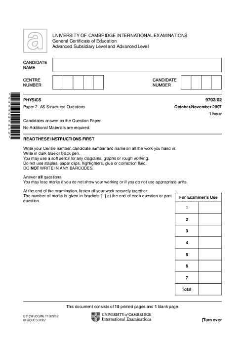 Paper 5, May June 2007 | Cambridge AS - A Level Physics (9702) Past Papers