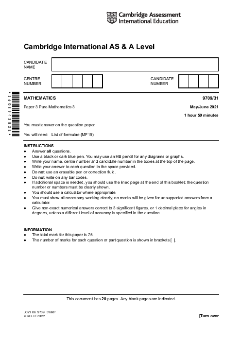 Mathematics 9709/32 May June 2021 | Cambridge AS & A Level Past Papers With Mark Scheme
