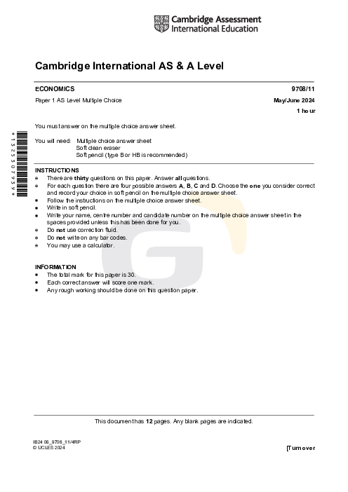 Economics 9708/11 May June 2024 | Cambridge AS Level Past Papers With Mark Scheme