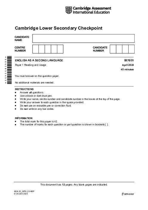 ENGLISH AS A SECOND LANGUAGE 0876,01 April 2024 | Cambridge Lower secondary Checkpoint Past Papers with Mark Schemes 