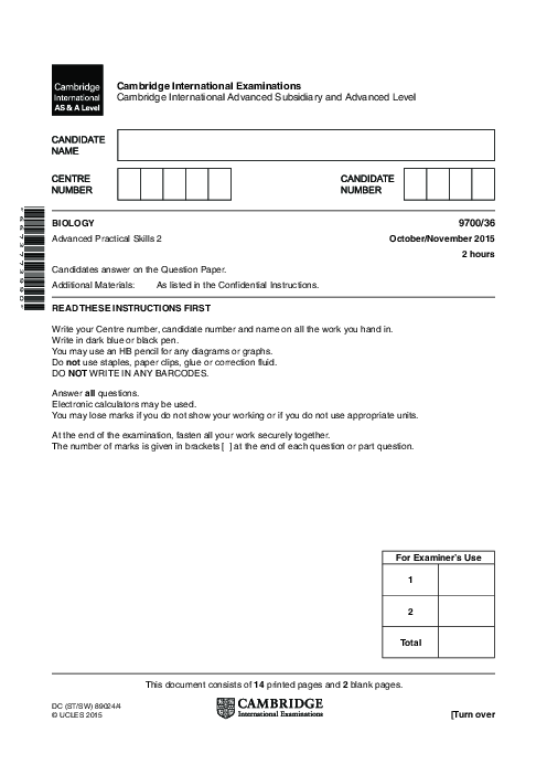 Biology 9700/36 Oct Nov 2015 | Cambridge AS Level Past Papers With Mark Scheme