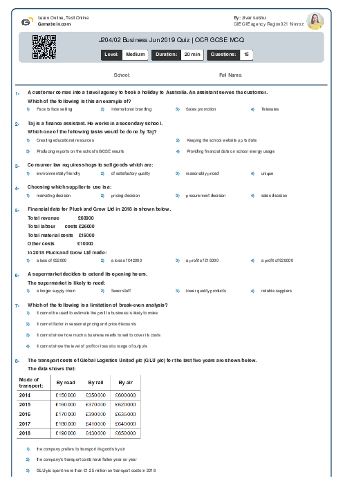  J204/02 Business Jun 2019 Quiz | OCR GCSE MCQ