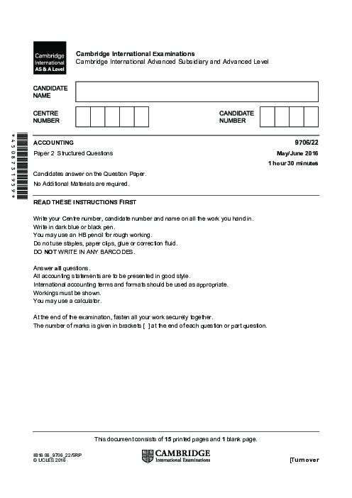 Accounting 9706/22 May June 2016 | Cambridge AS Level Past Papers With Mark Scheme