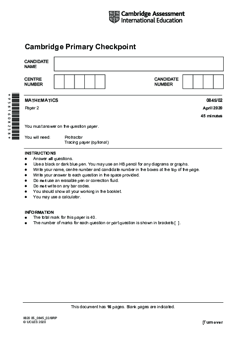  MATHEMATICS 0845,02 April 2020 | Cambridge Primary Checkpoint Past Papers and Mark Schemes