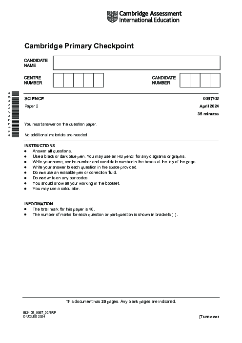 SCIENCE 0097,02 April 2024| Cambridge Primary Checkpoint Past Papers and Mark Schemes