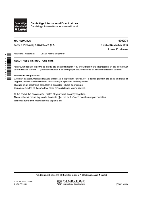 Mathematics 9709/71 Oct Nov 2016 | Cambridge AS & A Level Past Papers With Mark Scheme