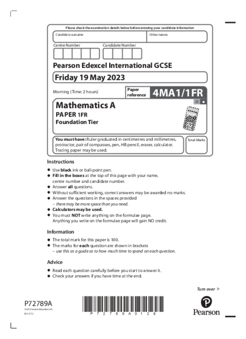 Mathematics (A) 4MA1/1FR May Jun  2023 | Edexcel IGCSE Past Papers With Mark Scheme