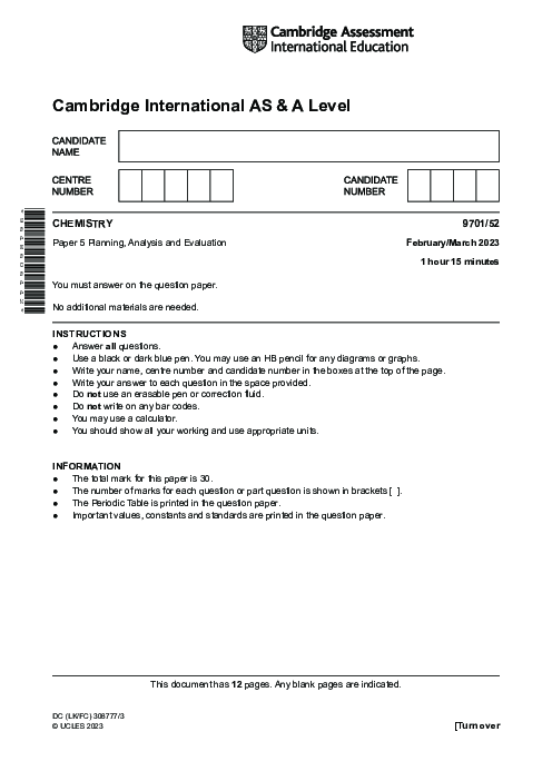 Chemistry 9701/52 March 2023 | Cambridge AS Level Past Papers With Mark Scheme