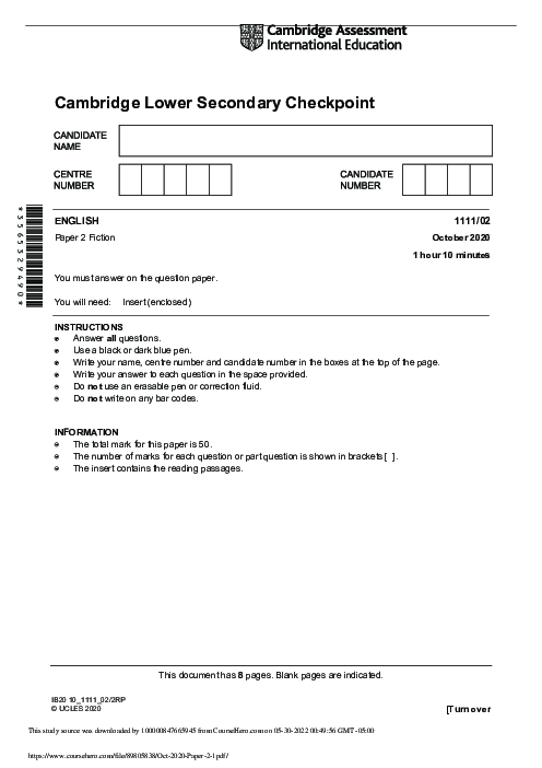 ENGLISH 1111,02 October 2020 | Cambridge Lower secondary Checkpoint Past Papers with Mark Schemes 