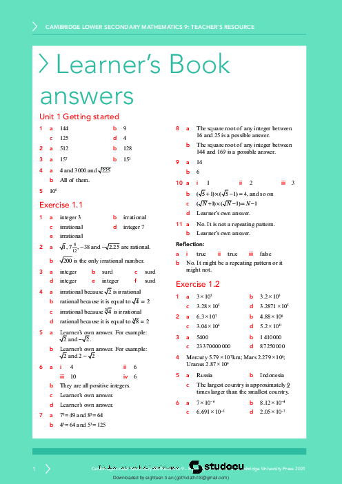 Mathematics 9 , Learner′s Book Answers Lower Secondary Checkpoint | PDF