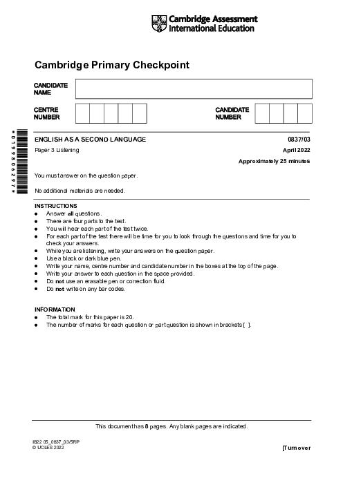 ENGLISH AS A SECOND LANGUAGE 0837,03 April 2022 | Cambridge Primary Checkpoint Past Papers with Mark Schemes