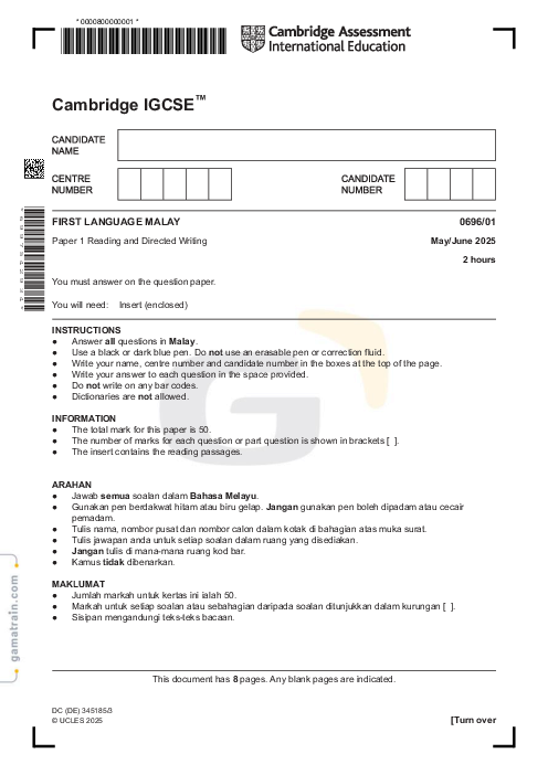 Malay First Language 0696/01 May June 2025