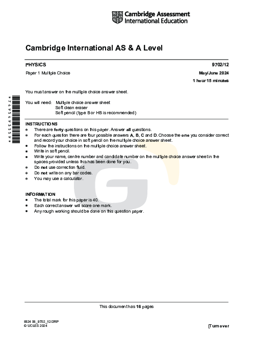 Physics 9702/12 May June 2024 | Cambridge AS Level Past Papers With Mark Scheme