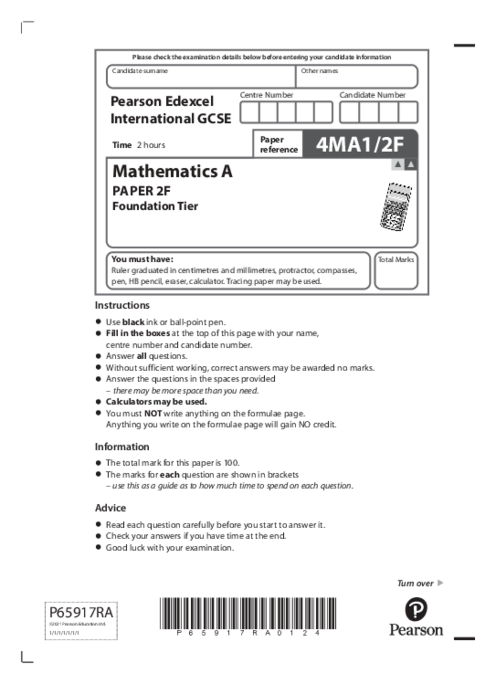 Mathematics (A) 4MA1/2F November 2021 | Edexcel IGCSE Past Papers With Mark Scheme