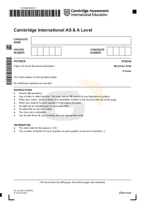 Physics 9702/42 May June 2024 | Cambridge AS Level Past Papers With Mark Scheme