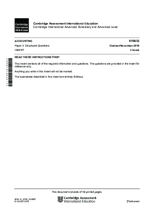 Paper 3, Variant 2, Oct Nov 2019 | Cambridge AS and A Level Accounting (9706) Past Papers