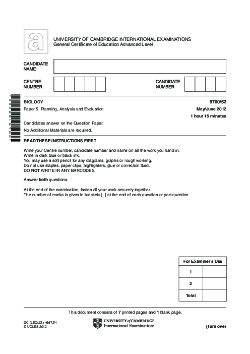 Biology 9700/52 May June 2012 | Cambridge AS Level Past Papers With Mark Scheme