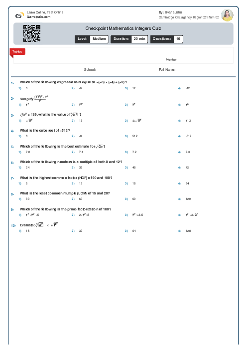 Checkpoint Mathematics Integers, Powers and Roots Quiz