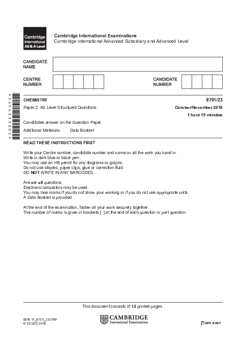 Chemistry 9701/23 Oct Nov 2018 | Cambridge AS Level Past Papers With Mark Scheme