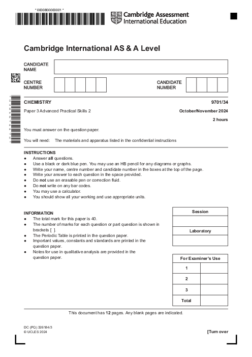 Chemistry 9701,34 Oct Nov 2024 | Cambridge AS - A Level Past Papers With Mark Scheme