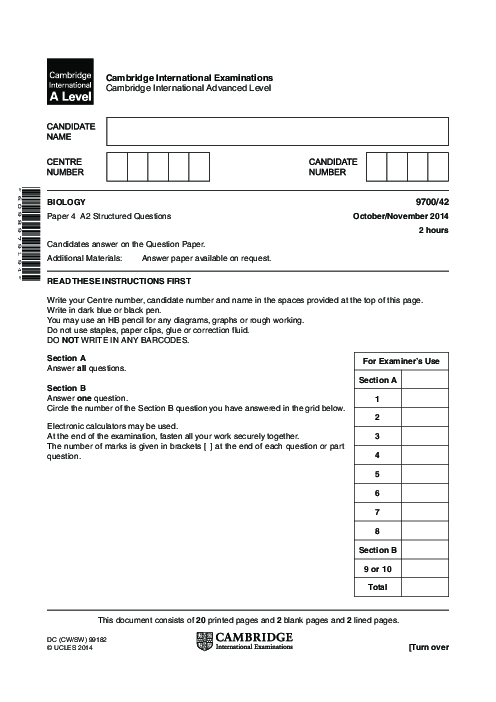 Biology 9700/42 Oct Nov 2014 | Cambridge AS Level Past Papers With Mark Scheme