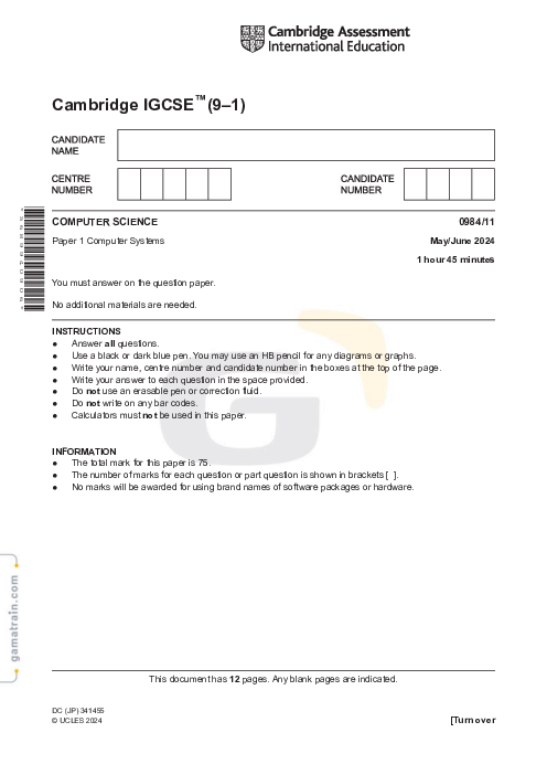 Computer Science 0984/11 May June 2024